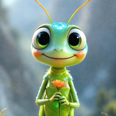 The primary subject of the image is a cartoon-like green lizard with a pink flower in its hand. The lizard is smiling and appears to be holding the flower in its claws. The setting is a grassy area with a mountain in the background. The visual style is a digital art or illustration, creating a whimsical and playful atmosphere. The dominant colors are green and pink, with the green lizard being the main focus of the image.